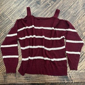 💖Fashion Nova Size medium/large cold shoulder sweater maroon and cream stripe